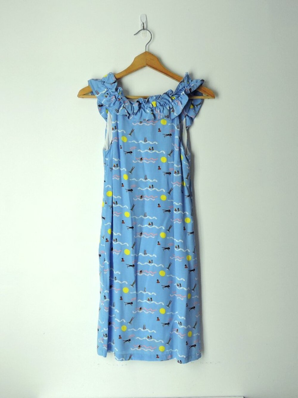Larke Anthropologie whimsical swimmers fun print retro ruffle dress 2XS petite